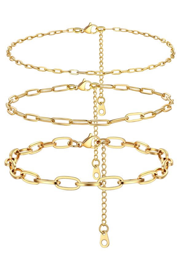 3 Pcs Stainless Steel Summer Anklet for Women 14K Gold Plated Paperclip Charm Bracelet Beach Jewelry Birthday Gift 8.5 Inch Chain