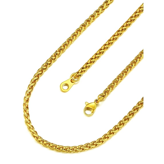 PROSTEEL 3mm Mens Wheat Necklace Stainless Steel Women Gold Plated Chain Necklaces Classic Chain Jewelry Christmas Gift for Husband Father - 22inches