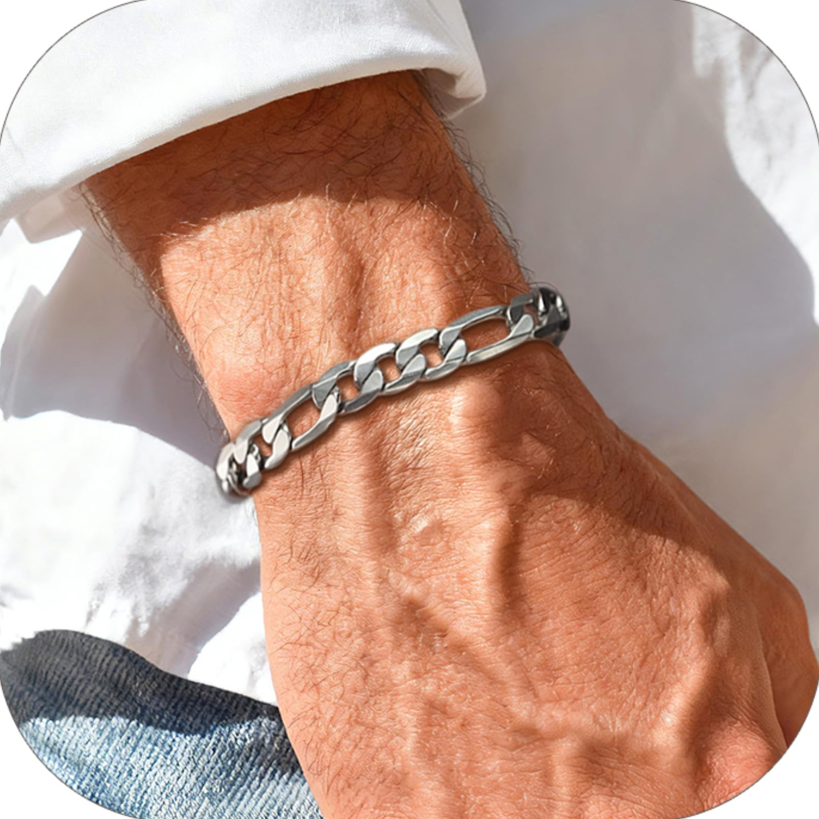 PROSTEEL Bracelet for Men Stainless Steel Figaro Chain Wrist Link Bracelets 9MM 7.5 inch Boyfriend Silver Birthday Father Day Jewelry Gift for Him Dad Son Adult Age