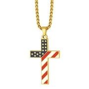 PROSTEEL Cross Pendant American Flag Necklace for Women Men Stainless Steel Cross Gold Plated Necklace Christmas Gift Religious Jewelry