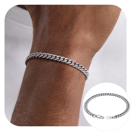 PROSTEEL Men Chain Bracelet Cuban Stainless Steel Curb Bracelet 6MM 7.5 inch Silver Wrist Bracelet Mens Birthday Father Day Graduation Jewelry Gifts for Him Dad Adults Age