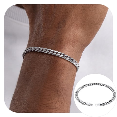 Men Chain Bracelet Cuban Stainless Steel Curb Bracelet 6MM 8.3 inch Silver Wrist Bracelet Mens Birthday Father Day Graduation Jewelry Gifts for Him Dad Adults Age