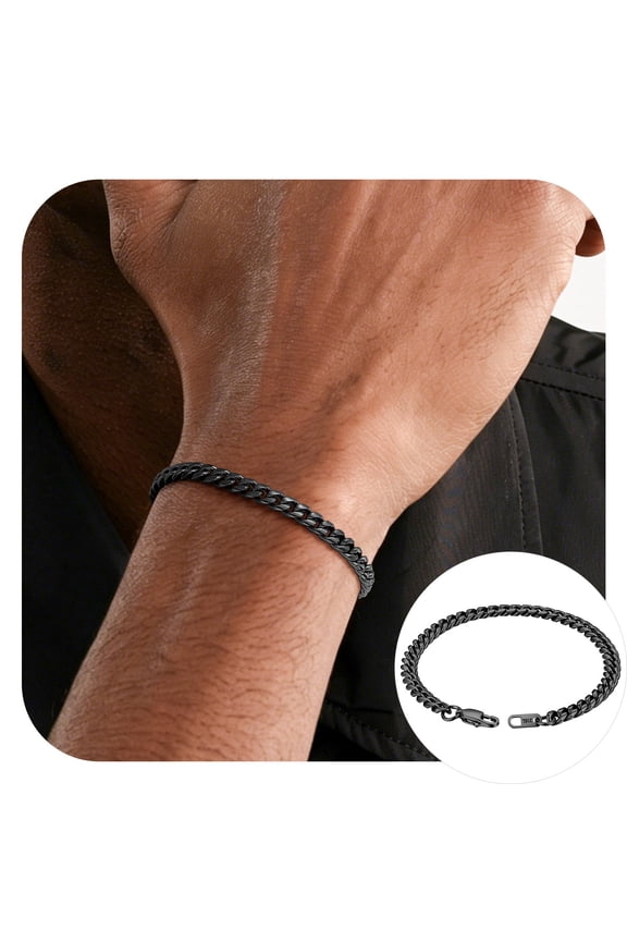 Men Chain Bracelet Black Cuban Curb Bracelet 6MM 7.5 inch Stainless Steel Wrist Bracelet Mens Birthday Father Day Graduation Jewelry Gifts for Him Dad Adults Age