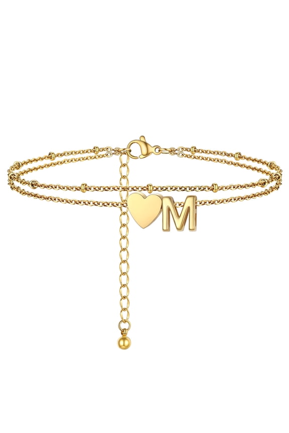 Initial Heart Anklet for Women Double Layered Waterproof 14K Gold Plated Ankle Bracelets Summer Holiday Gift for Girlfriend Wife Letter M