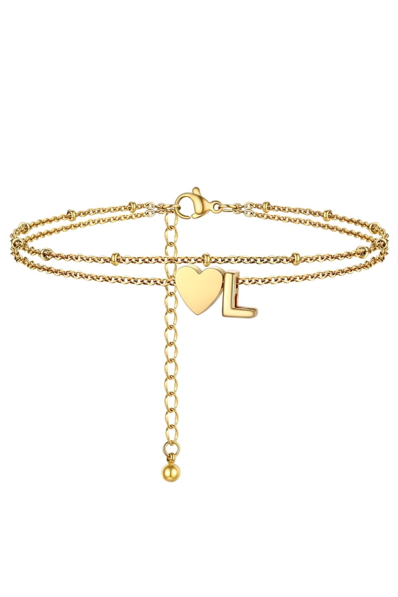 Initial Heart Anklet for Women Double Layered Waterproof 14K Gold Plated Ankle Bracelets Summer Holiday Gift for Girlfriend Wife Letter L