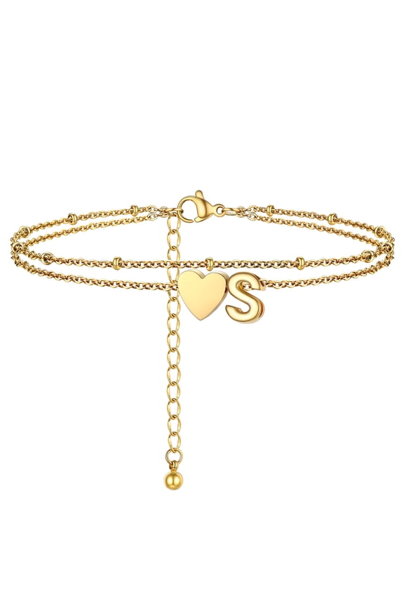 Initial Heart Anklet for Women Double Layered Waterproof 14K Gold Plated Ankle Bracelets Summer Holiday Gift for Girlfriend Wife Letter S