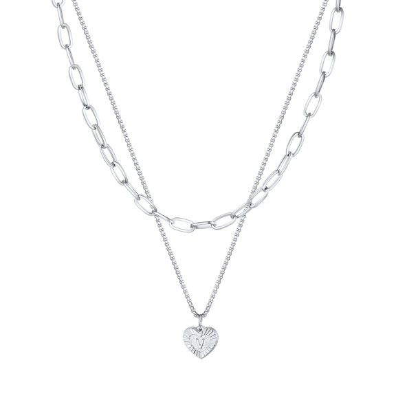 PROSTEEL Layered Initial Heart Necklaces for Women 2Pcs Dainty Paperclip Chain Choker Necklaces Women Jewelry Alphabet V