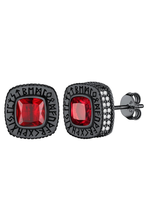 Red Garnet Square Men Stud Earrings January Birthstone Cubic Zirconia Earring Sterling Silver Norse Viking Rune Jewelry Hip Pop Gift for Son, Black