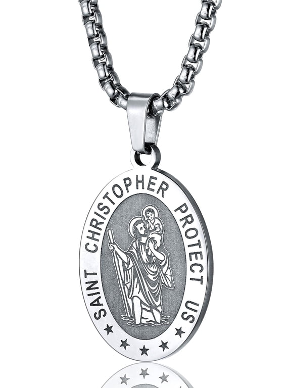 Saint Christopher Medal Necklace Pendant for Men 22 Inch Religious Christmas Gift Stainless Steel Oval Catholic Women Jewelry
