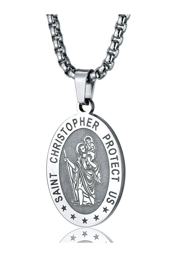 Saint Christopher Medal Necklace Pendant for Men 22 Inch Religious Christmas Gift Stainless Steel Oval Catholic Women Jewelry
