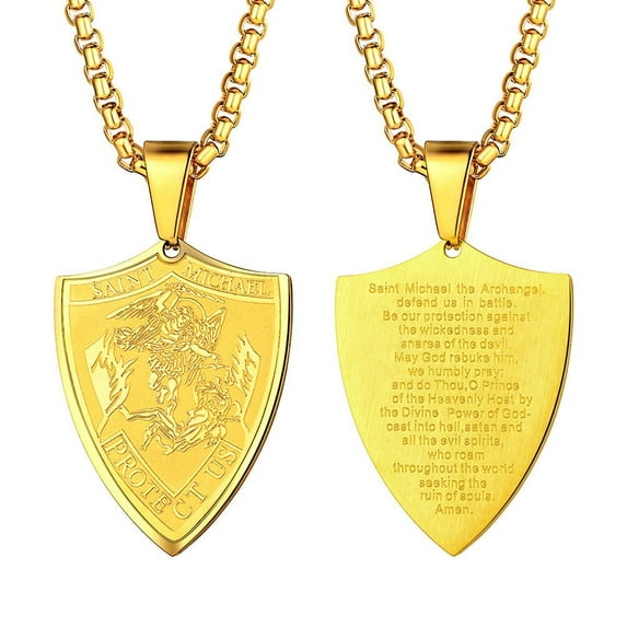 PROSTEEL Saint Michael Catholic Pendant for Men Christian Baptism Faith Jewelry Gift Pendant Shield Stainless Steel Gold Plated Jewelry Gifts for Father Son Husband