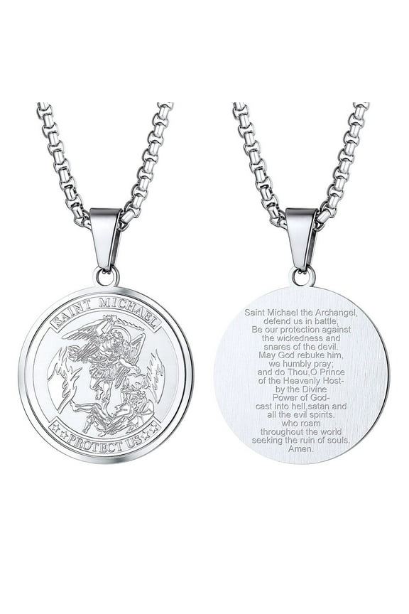 Saint Michael Catholic Round Pendant for Men Women Christian Baptism Faith Gift Stainless Steel Religious Chain Jewelry for Father Son Husband