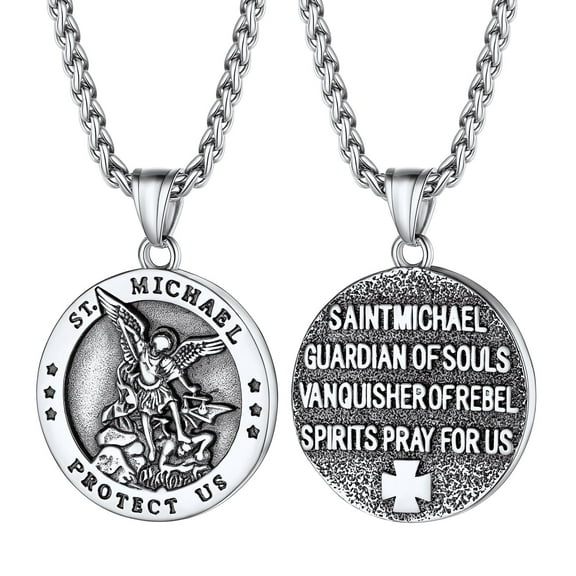 PROSTEEL Saint Michael The Archangel Stainless Steel Christian Necklace Pendant for Men Silver Medal Chain Religious Jewelry Son Father's Gift