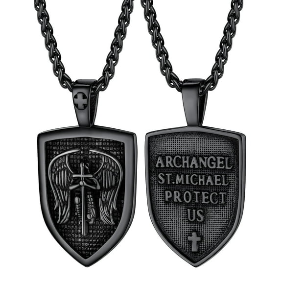 PROSTEEL Shield Pendant Black Amulet Necklace for Mens Saint Michael The Archangel Pendant Catholic Christmas Stainless Steel Jewelry for Son Father