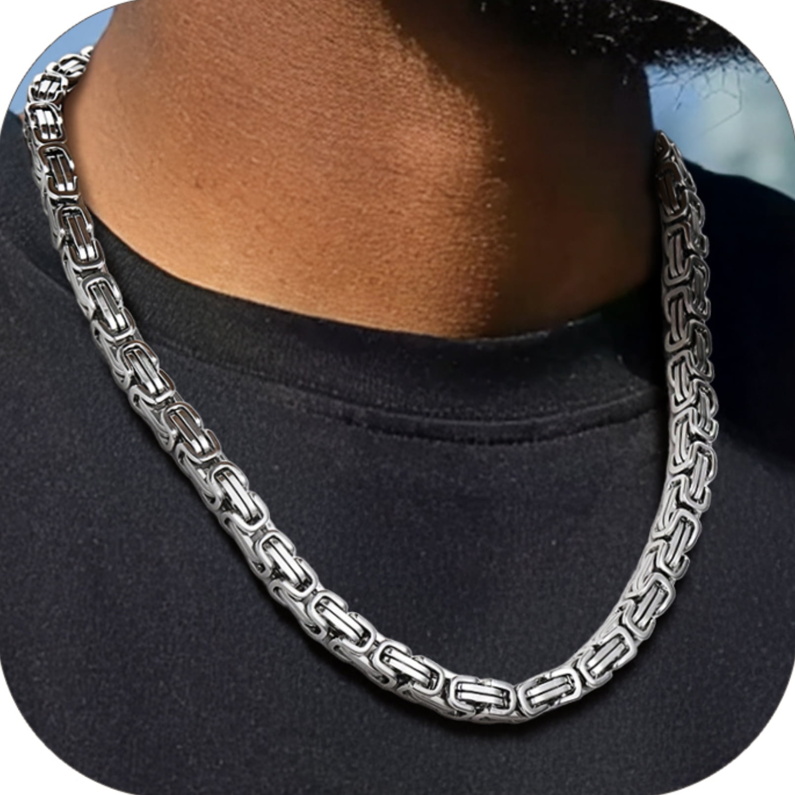 PROSTEEL Silver Necklace for Men 8MM Byzantine Link Stainless Steel Chain for Women 18 Inch Jewelry Gift for Boyfriend Husband Birthday Christmas