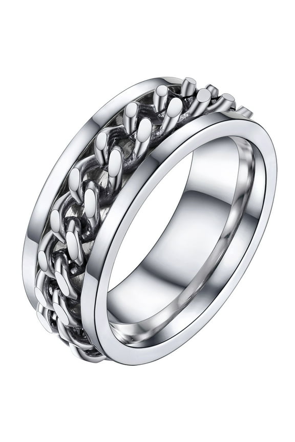 Silver Spinner Rings Stainless Steel Anxiety Ring for Men Fidget Ring Cuban Band Rings Jewerly Gift for Stress Relieving, Size 11