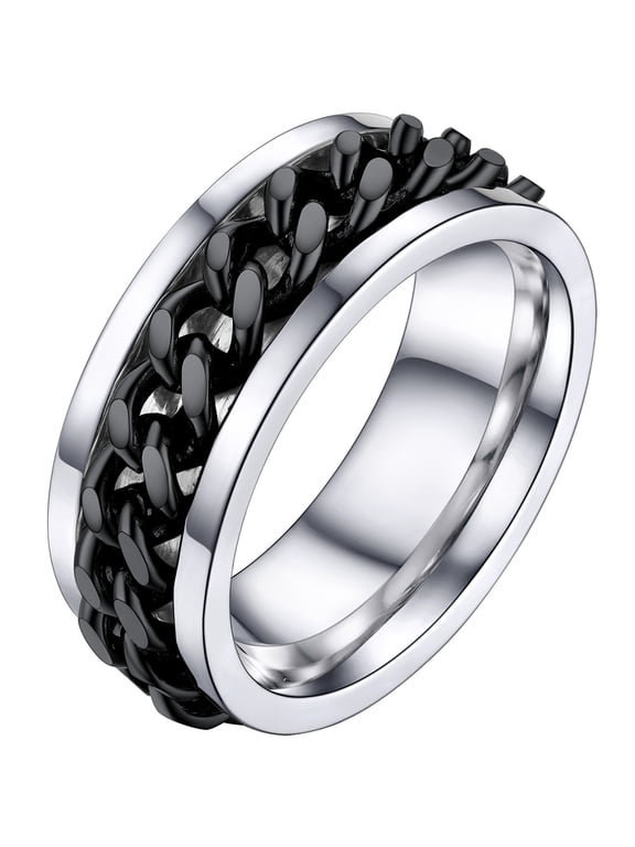 Spinner Rings Stainless Steel Anxiety Ring for Men Fidget Ring Black Plated Cuban Band Rings Jewerly Gift for Stress Relieving, Size 6