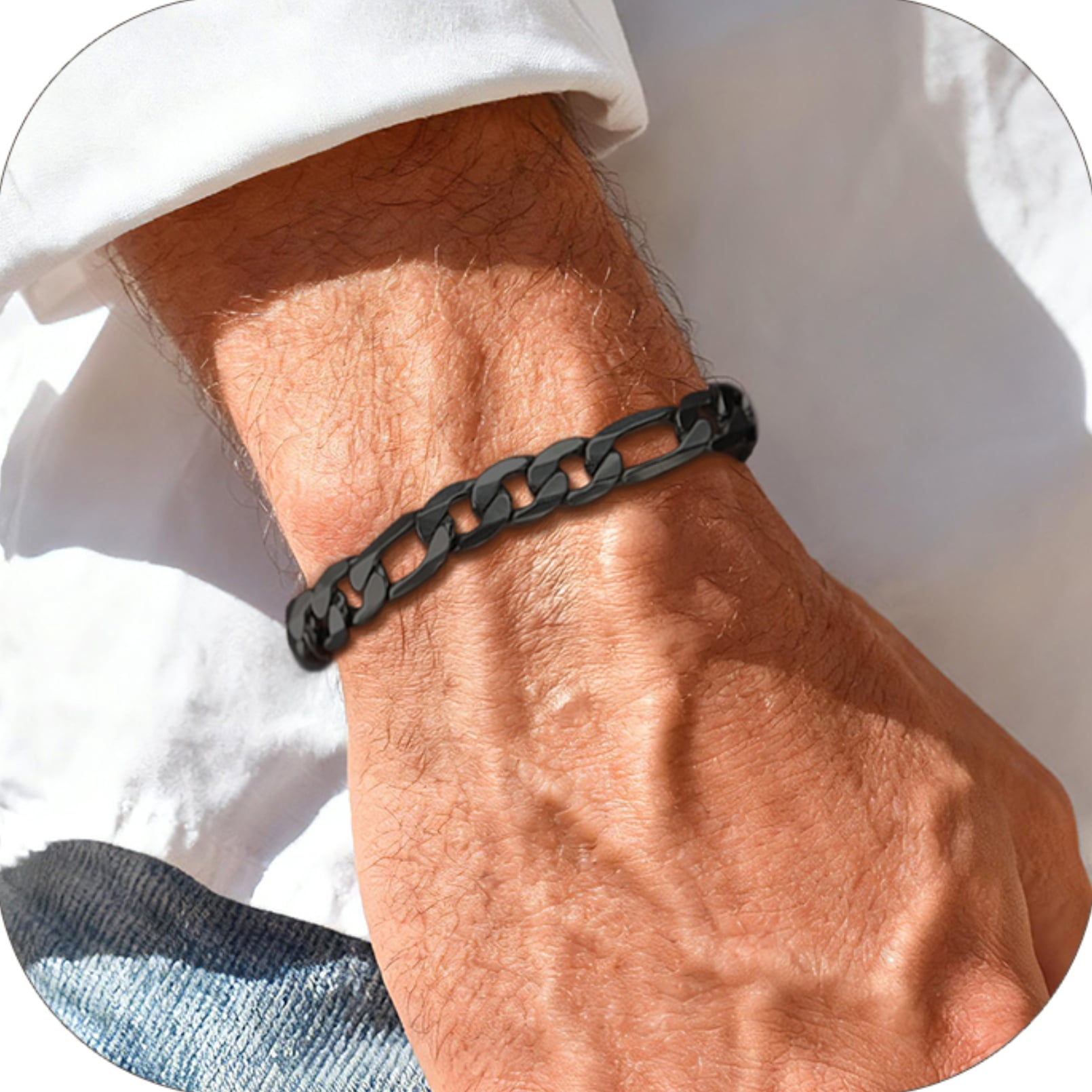 PROSTEEL Stainless Steel Bracelet for Men Women Figaro Black Chain Wrist Link Bracelets 9MM 7.5 inch Birthday Birthday Father Day Jewelry Gift for Him Dad Son Adult Age