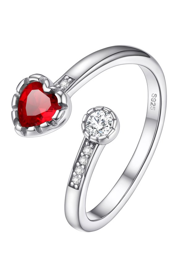Women Birthstone Rings 925 Sterling Silver Adjustable Open Band Ring July Ruby Heart Jewelry Gift for Mom Wife Daughter