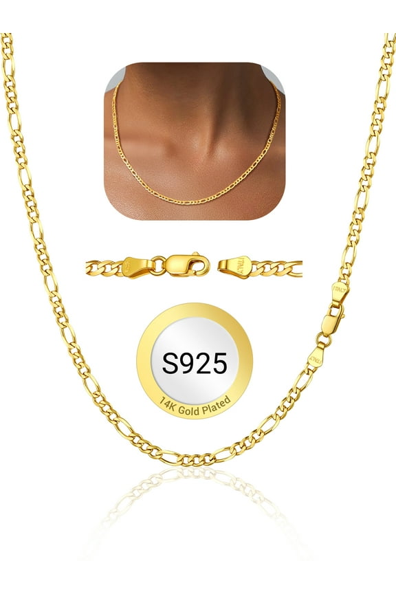 Women Men 3mm Chain Necklace Figaro Chain Solid 925 Sterling Silver Gold Plated Necklaces Hip Hop Jewelry Gift, 18 inch