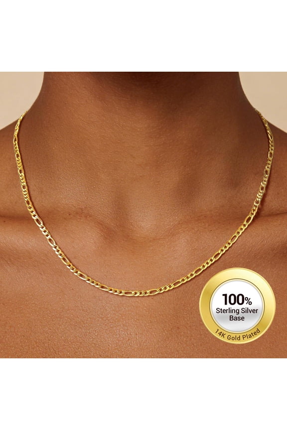 Women Men 3mm Chain Necklace Figaro Chain Pure 925 Sterling Silver Gold Plated Necklaces Birthday Valentines Mother Father Day Jewelry Gift-18 inch