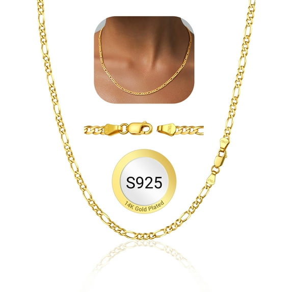 PROSTEEL Women Men 3mm Chain Necklace Figaro Chain Solid 925 Sterling Silver Gold Plated Necklaces Hip Hop Jewelry Gift, 20 inch
