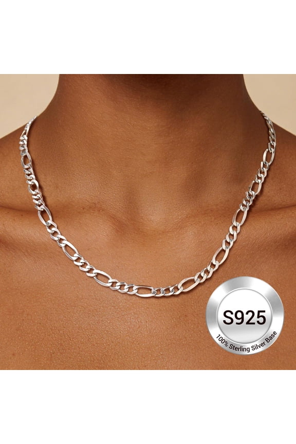 Pure S925 Sterling Silver Chain for Women Sensitive Skin Hypoallergenic 3mm/5mm Figaro Necklace Birthday Graduation Gift for Female Mom Wife