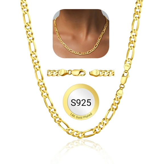 PROSTEEL Women Men 5mm Chain Necklace Figaro Chain Solid 925 Sterling Silver Gold Plated Necklaces Hip Hop Jewelry Gift, 20 inch