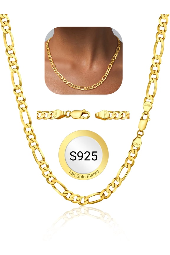 Women Men 5mm Chain Necklace Figaro Chain Solid 925 Sterling Silver Gold Plated Necklaces Hip Hop Jewelry Gift, 22 inch