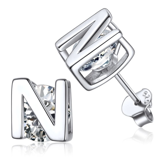 PROSTEEL Women Sterling Silver Initial Stud Earrings Cubic Zirconia Letter N Earrings Christmas Birthday Gift for Her Mom Girlfriend Daughter