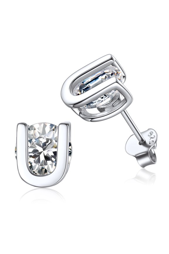 Women Sterling Silver Initial Stud Earrings Cubic Zirconia Letter U Earrings Christmas Birthday Gift for Her Mom Girlfriend Daughter