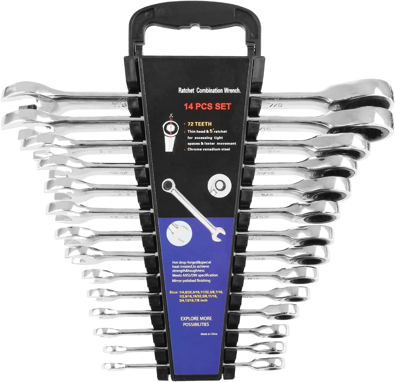 PROSTORMER 14-Piece Ratcheting Wrench Set , SAE 1/4”-7/8” , Chrome Vanadium Steel Combination Wrench Set with Wrench Rack