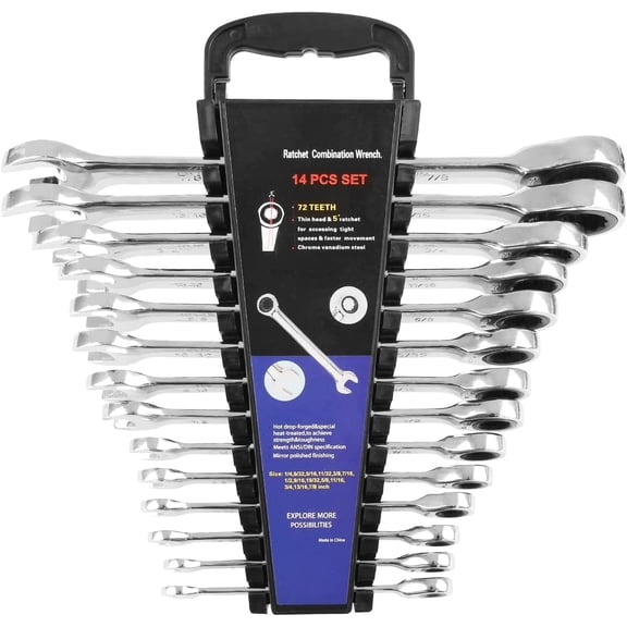 PROSTORMER 14-Piece Ratcheting Wrench Set , SAE 1/4”-7/8” , Chrome Vanadium Steel Combination Wrench Set with Wrench Rack