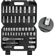PROSTORMER 46-Piece Drive Socket Wrench Set, 3/8 Impact Socket Mechanic Tools SAE/Metric with 72 Tooth Ratchet, Universal Joint, Extension Bars
