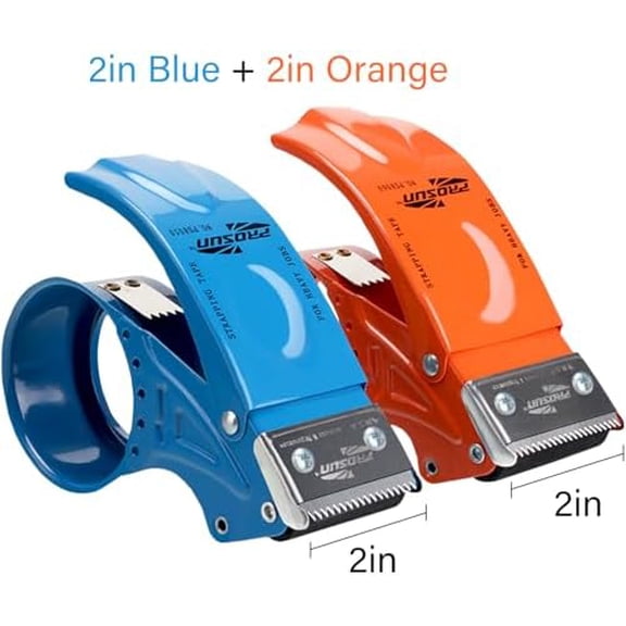 PROSUN 2 Pack Metal Packing Tape Dispenser Gun:2-inch Wide Tape Dispenser / 3-Inch Inner Paper Core(2" Blue + 2" Orange)
