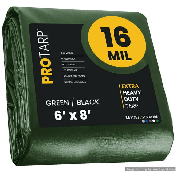 Protarp 16 Mil Extreme Heavy Duty Tarp Camping Tarpaulin Waterproof Cover, Green/Black 6′ X 8′Ft