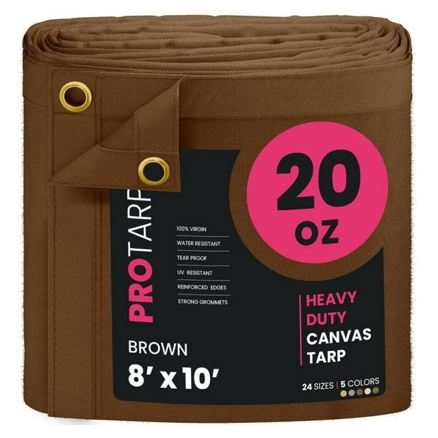 PROTARP Extreme Heavy Duty WaterProof Canvas Tarp 20 oz, UV Resistant Tarpaulin Cover with Rustproof Brass Grommets, Multipurpose for Canopy, Roof, Camping, Wood Pile (Brown 8'X10')