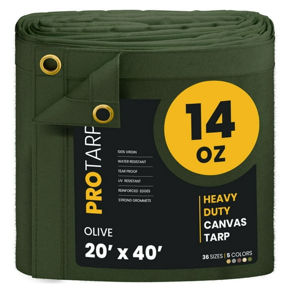 PROTARP Extreme Heavy Duty WaterProof Canvas Tarp 20 oz, UV Resistant Tarpaulin Cover with Rustproof Brass Grommets, Multipurpose for Canopy, Roof, Camping, Wood Pile (Green 20'X40')