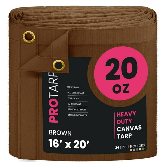 PROTARP Extreme Heavy Duty WaterProof Canvas Tarp 20 oz, UV Resistant Tarpaulin Cover with Rustproof Brass Grommets, Multipurpose for Canopy, Roof, Camping, Wood Pile (Brown 16'X20')