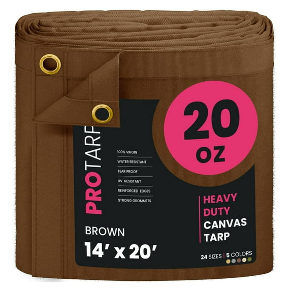 PROTARP Extreme Heavy Duty WaterProof Canvas Tarp 20 oz, UV Resistant Tarpaulin Cover with Rustproof Brass Grommets, Multipurpose for Canopy, Roof, Camping, Wood Pile (Brown 14'X20')