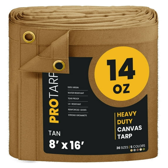 PROTARP Extreme Heavy Duty WaterProof Canvas Tarp 20 oz, UV Resistant Tarpaulin Cover with Rustproof Brass Grommets, Multipurpose for Canopy, Roof, Camping, Wood Pile (Tan 8'X16')