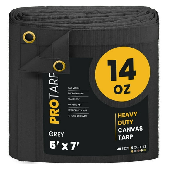 PROTARP Extreme Heavy Duty WaterProof Canvas Tarp 20 oz, UV Resistant Tarpaulin Cover with Rustproof Brass Grommets, Multipurpose for Canopy, Roof, Camping, Wood Pile (Grey 5'X7')