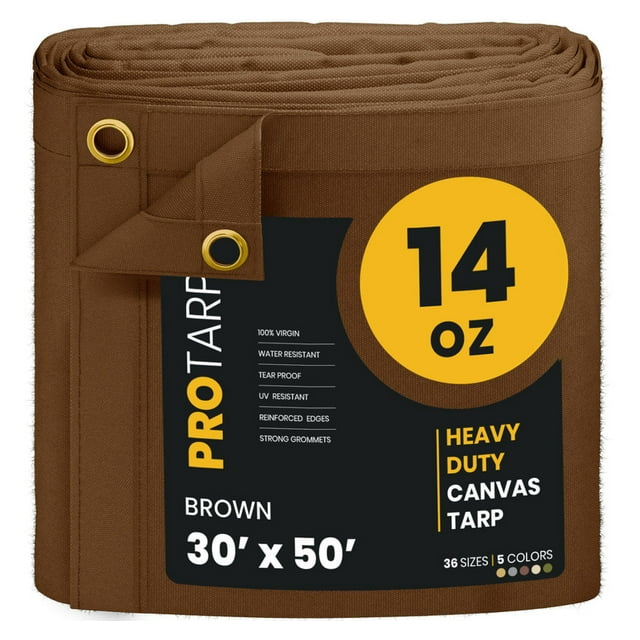 PROTARP Extreme Heavy Duty WaterProof Canvas Tarp 20 oz, UV Resistant Tarpaulin Cover with Rustproof Brass Grommets, Multipurpose for Canopy, Roof, Camping, Wood Pile (Brown 30'X50')