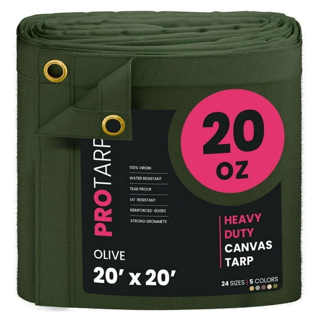 PROTARP Extreme Heavy Duty WaterProof Canvas Tarp 20 oz, UV Resistant Tarpaulin Cover with Rustproof Brass Grommets, Multipurpose for Canopy, Roof, Camping, Wood Pile (Green 20'X20')