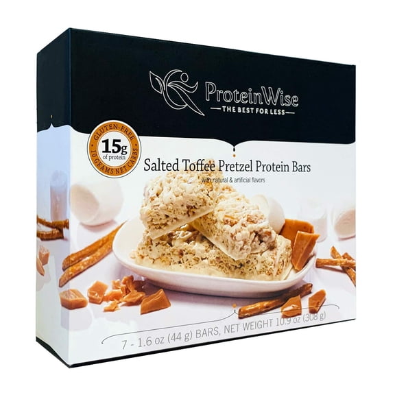 PROTEINWISE - Salted Toffee Pretzel Protein Bars, High Fiber, High Protein Low Carb Snacks for Weight Loss  Healthy Snack Bars, Low Calorie, Diet-Friendly, Trans Fat-Free, 7 Servings/Box