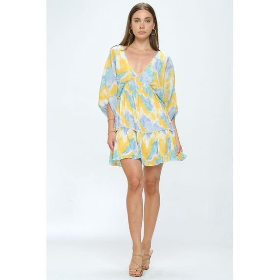 PROVA Women's Cervo Watercolor Print Dolman Elbow Length Sleeve Deep V Mini Dress