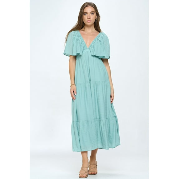 PROVA Women's Lido Flutter Sleeve Tiered V-Neck Maxi Dress