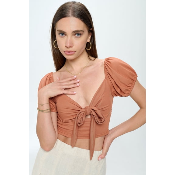 PROVA Women's Valencia Tie Front Puff Short Sleeve Crop Top
