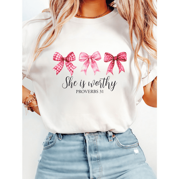 PROVERBS 31 She is Worthy Christian Graphic Tees Women Bible Verse Religious Print T-shirts Faith Based Apparel Short Sleeve Casual Tops White,3XL