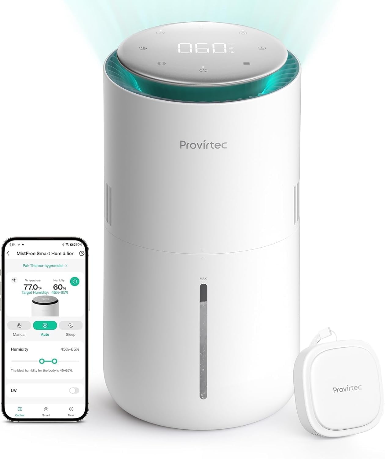PROVIRTEC MistFree Smart Humidifier for Bedroom, Evaporative Humidifier No White Dust, Auto Humidity & APP Control, 3L Water Tank Easy to Clean, Sleep Mode, Timing, Humidifiers for Nursery, Baby